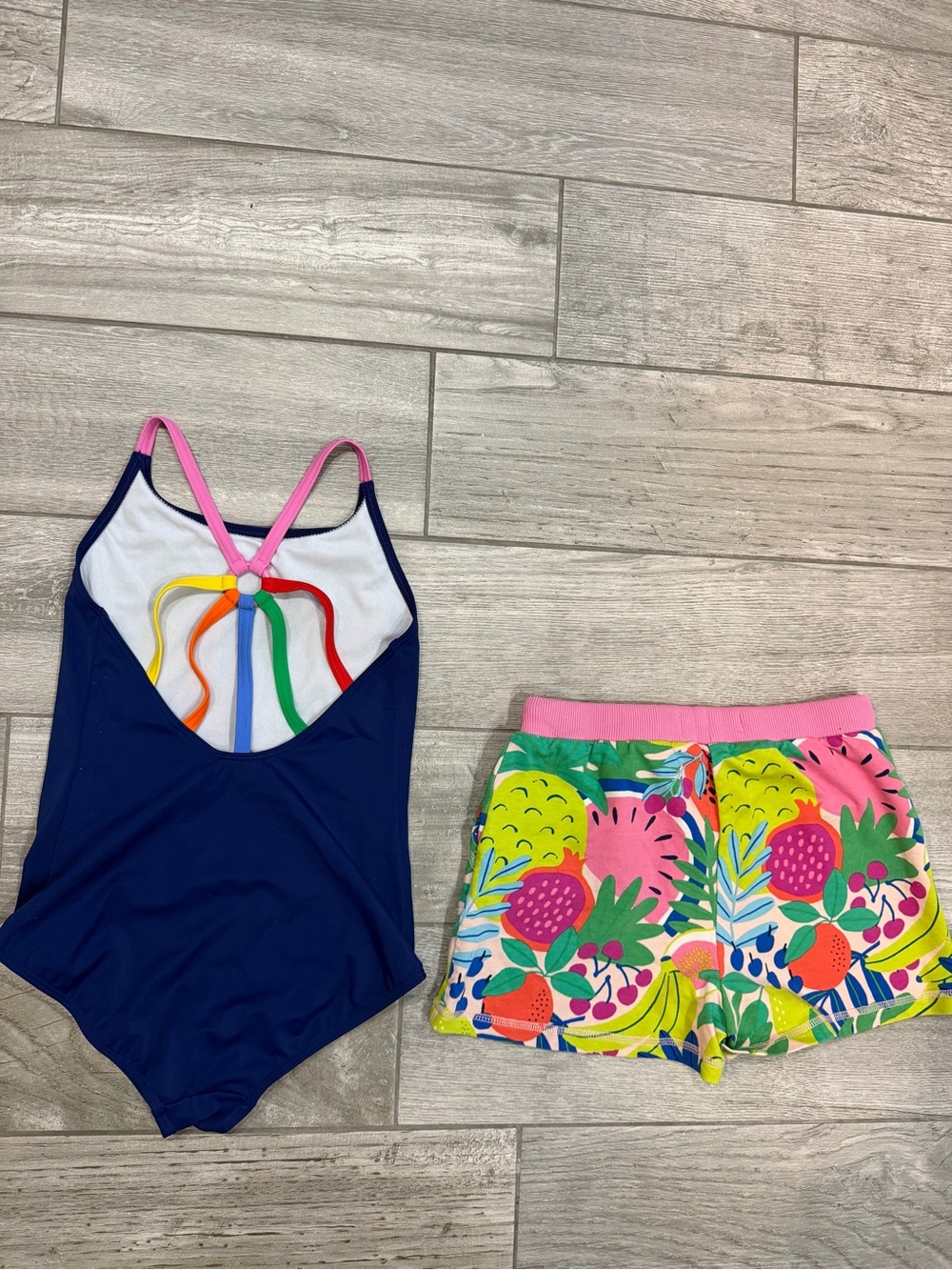 Mini Boden Navy One-Piece Swimsuit Rainbow Back straps and matching fruit shorts